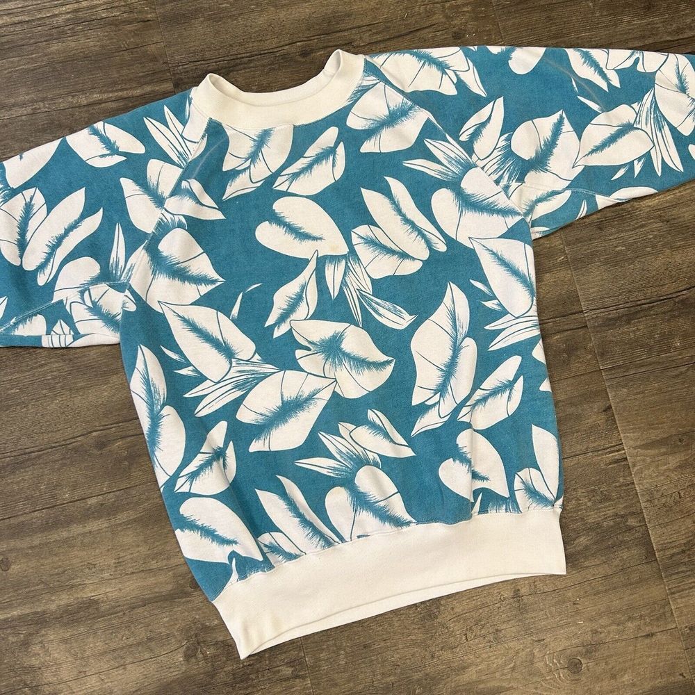 Vintage Floral All Over Print Sweatshirt Women NO SIZE TAG Blue White